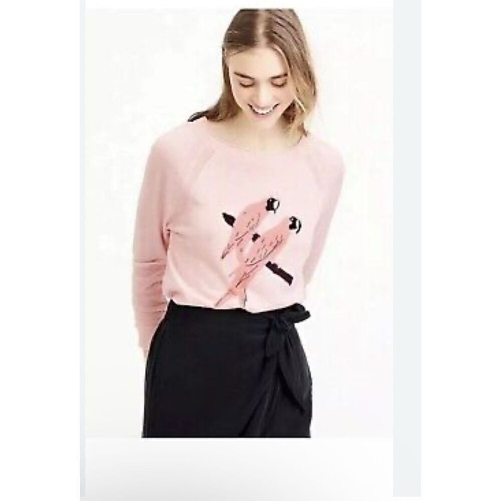 J. Crew pink parrot print 100% Merino wool pullover sweater S